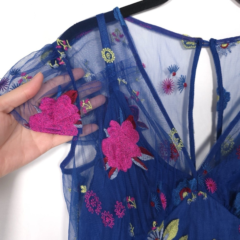 Anthropologie TRACY REESE Midi Dress Size 12P Embroidered Topaz Blue Floral - Picture 10 of 16